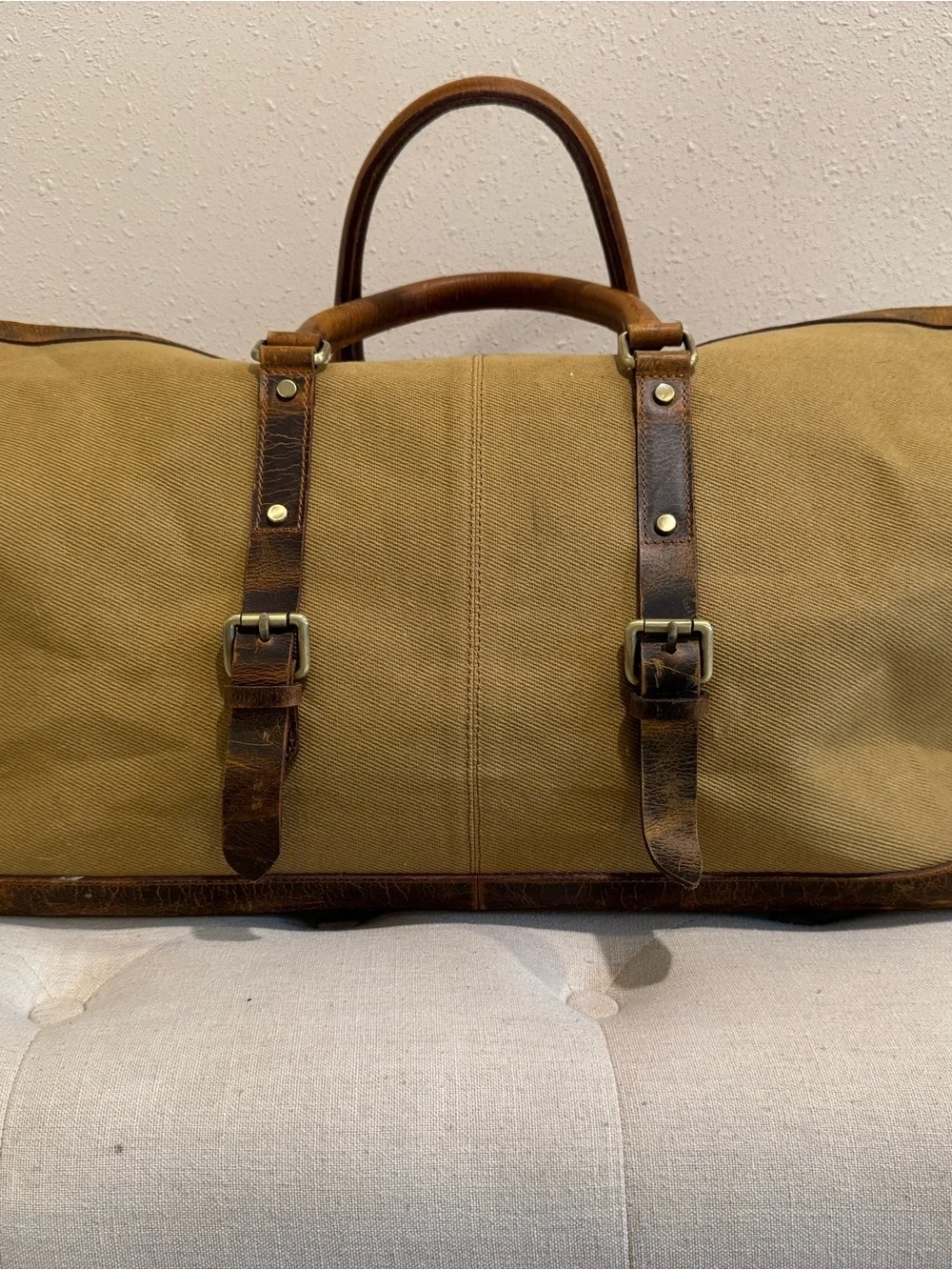 Kodiak Tan Canvas Duffel with Brown Leather Trim